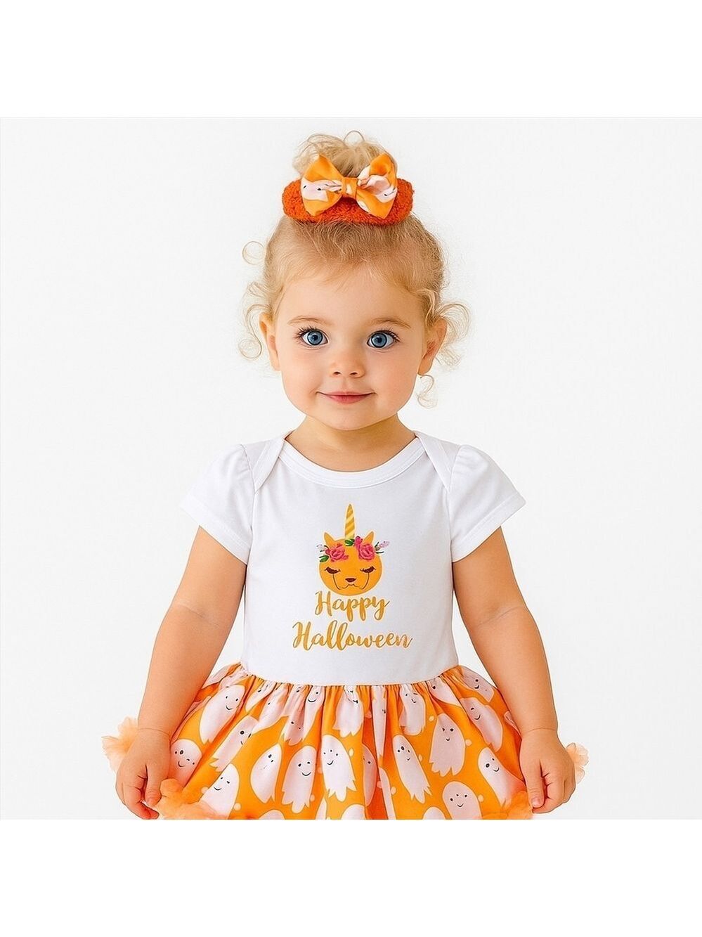 Ghost Halloween Tutu Outfit Orange White Headband 9 12M